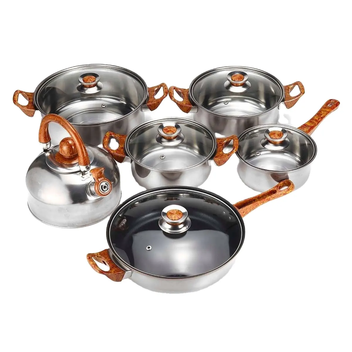 12 piezas antiadherente olla de cocina conjunto de fry pan hervidor de agua de acero inoxidable juegos de utensilios de cocina