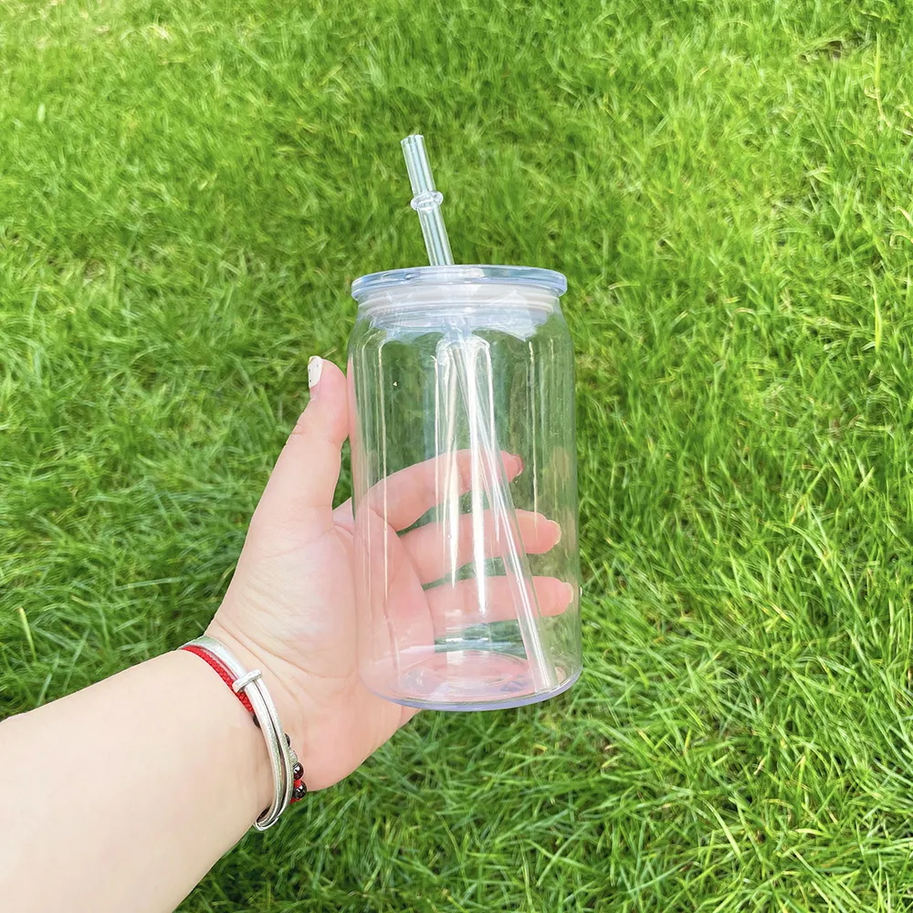 Pronto per la spedizione trasparente plastica trasparente acrilico PP 16oz birra soda di vetro può riutilizzabile bicchieri con paglia e coperchi