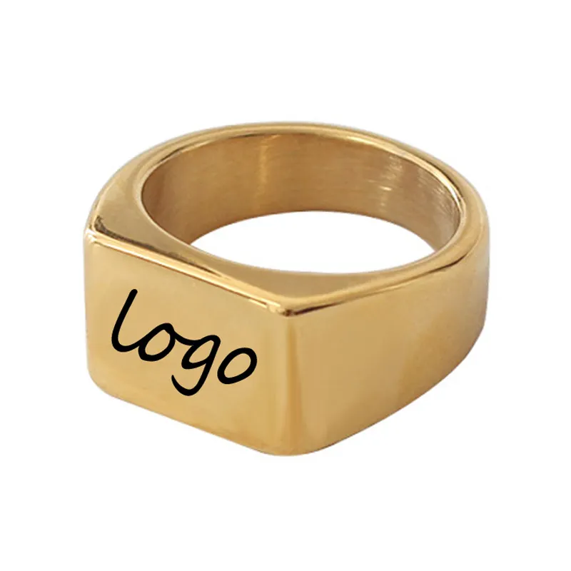 Popular diseño sencillo plateado 18K oro plata negro anillos de acero inoxidable personalizado barra logotipo grabado anillos para los hombres