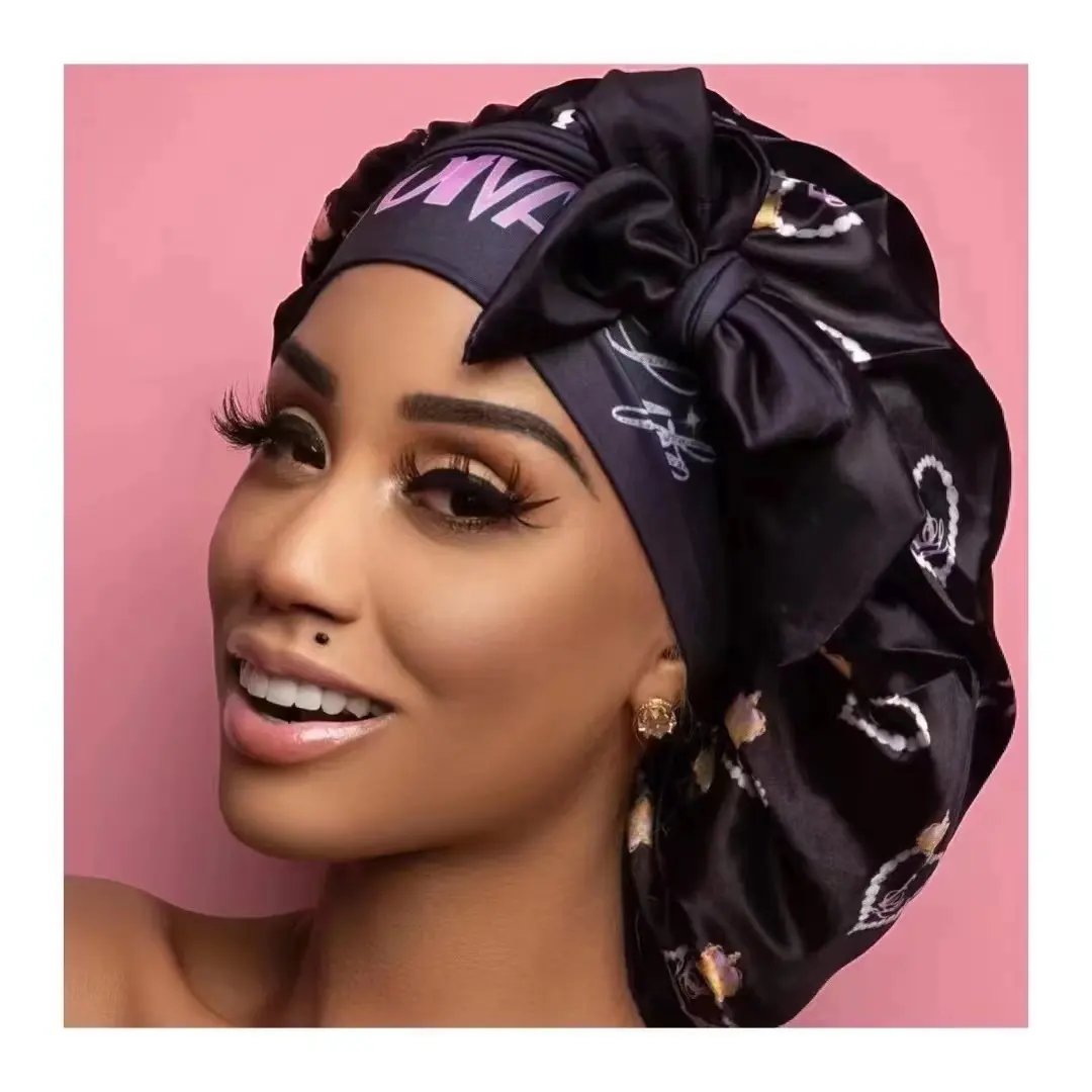 Bonnets de doble capa para el cabello con logo personalizado, cinta de encaje elástica ajustable con logo, bonnets de diseño al por mayor