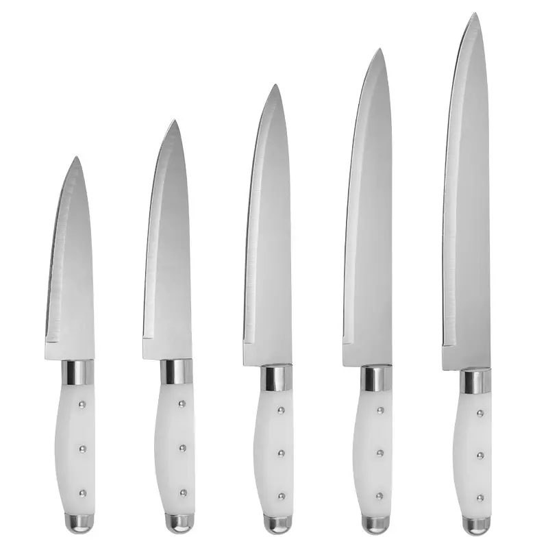 Оптовая продажа, набор кухонных ножей из нержавеющей стали разного размера 5 шт. с пластиковой ручкой белого цвета, нож мясника