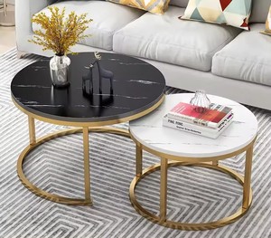 Minimalist Gold Black Marble Stone Mdf Wood Round <strong>End</strong> <strong>Table</strong> Side <strong>Nest</strong> Set of 2 <strong>Nesting</strong> Coffee <strong>Table</strong> for Living Room - Product Image 4