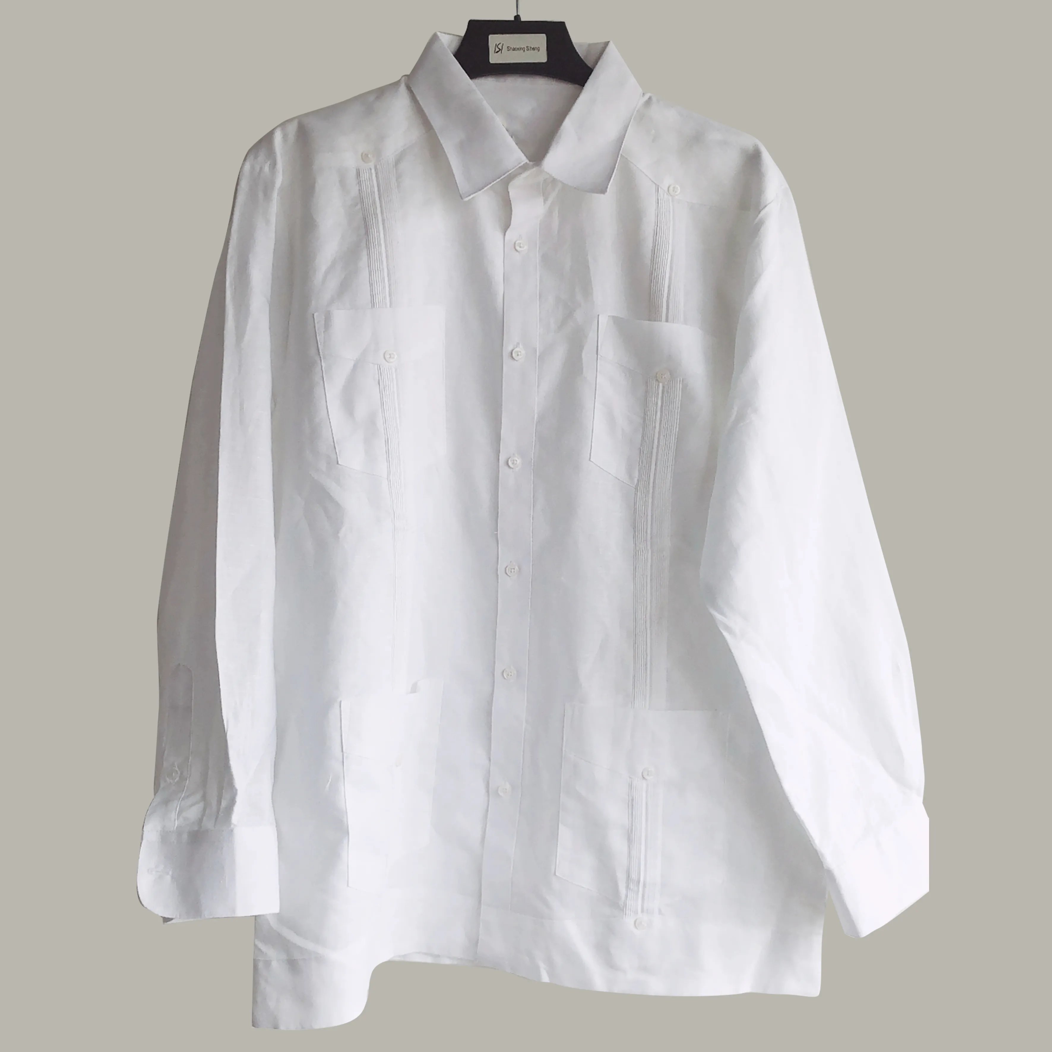 Venta al por mayor de manga larga 4 bolsillo solapa formal camisa guayabera camisa