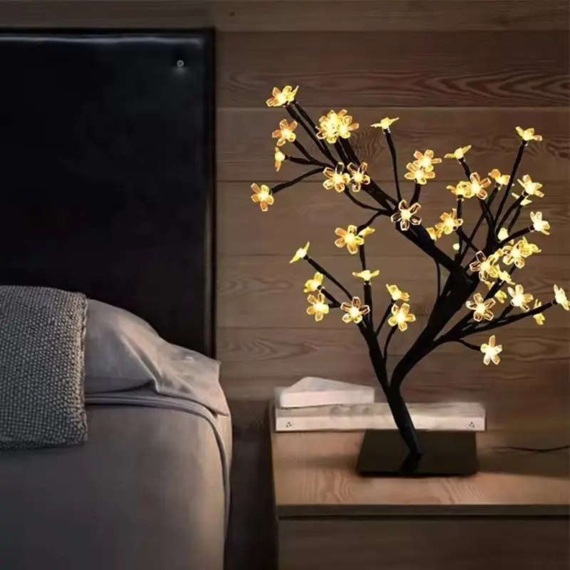 Luminária de mesa led flor de cerejeira 45cm 48led romântica flor luz noturna casamento quarto decoração interior flor de cerejeira bonsai árvore luz