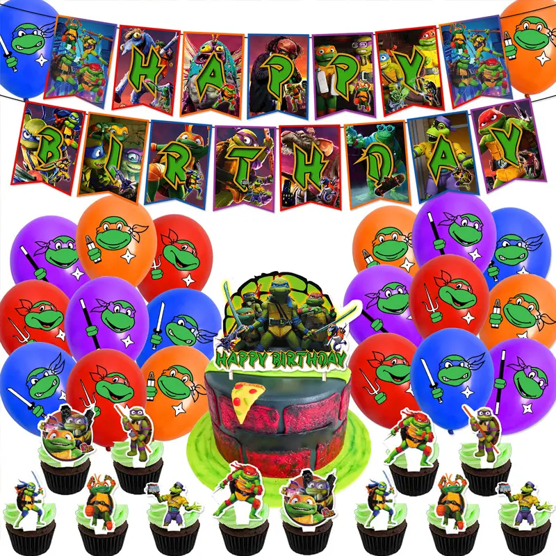 Décoration de fête d'anniversaire sur le thème de la tortue Ninja dessin animé avec bannière ballon décoration gâteau pour enfants ensembles de fournitures de fête