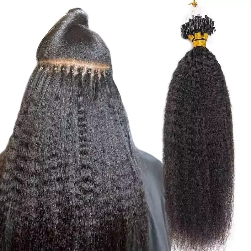 Extensions de cheveux brésiliens vierges, cheveux humains crépus lisses, couleur noire, ligne de pêche, liens, cheveux épais, boucle en anneau, perles