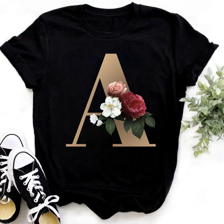 Nome personalizado letra combinação moda mulheres t-shirt flor letra fonte A B C D E F G manga curta tops t-shirt preto roupas