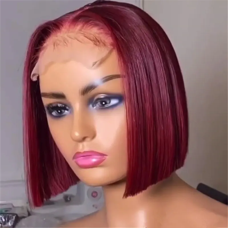 Wig bob pendek warna burgundy 99j renda depan transparan dengan kepadatan 180% wig rambut manusia 100% UNTUK WANITA HITAM