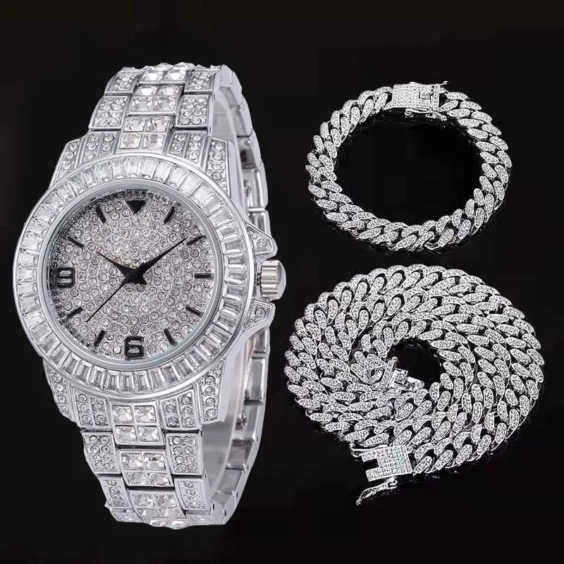 Комплект из кубинской цепи Майами, ожерелье, браслет и часы с кристаллами, украшения в стиле хип-хоп