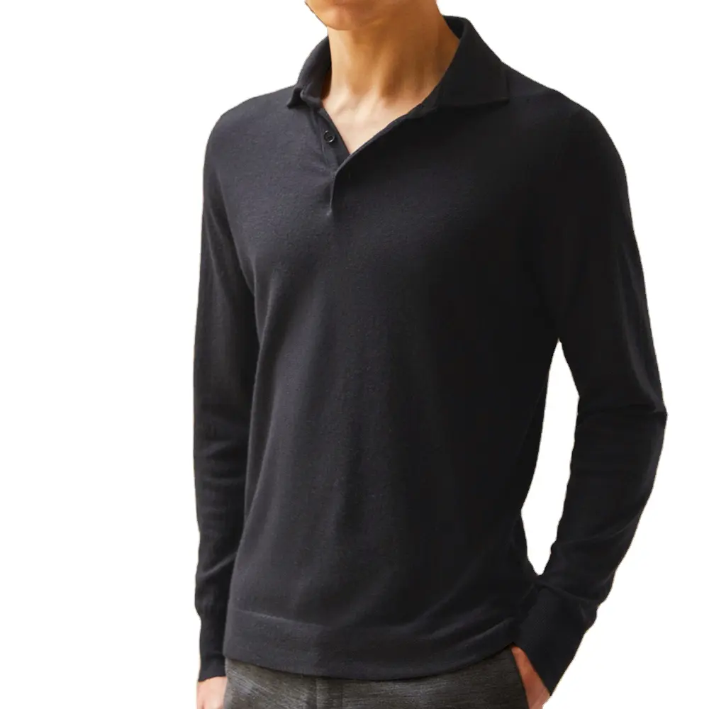 Erkekler için uzun kollu Polo boyun T-shirt 100% kaşmir düğme örme kazak
