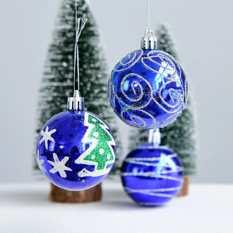 Bola de decoración de árbol de Navidad, bolas azules de 6CM con purpurina personalizada, venta al por mayor