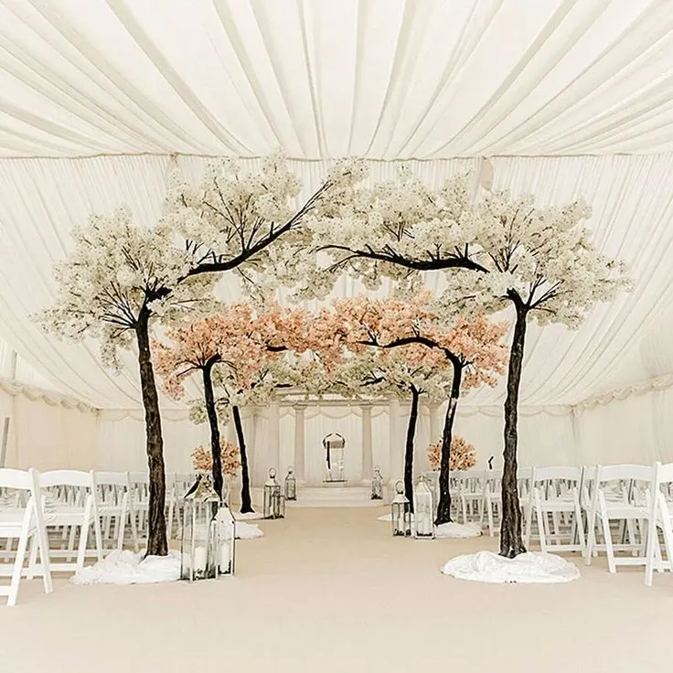 Exterior interior boda decoración fibra de vidrio grande falso Sakura planta árboles curvos gran flor artificial Cerezo árbol para Decoración