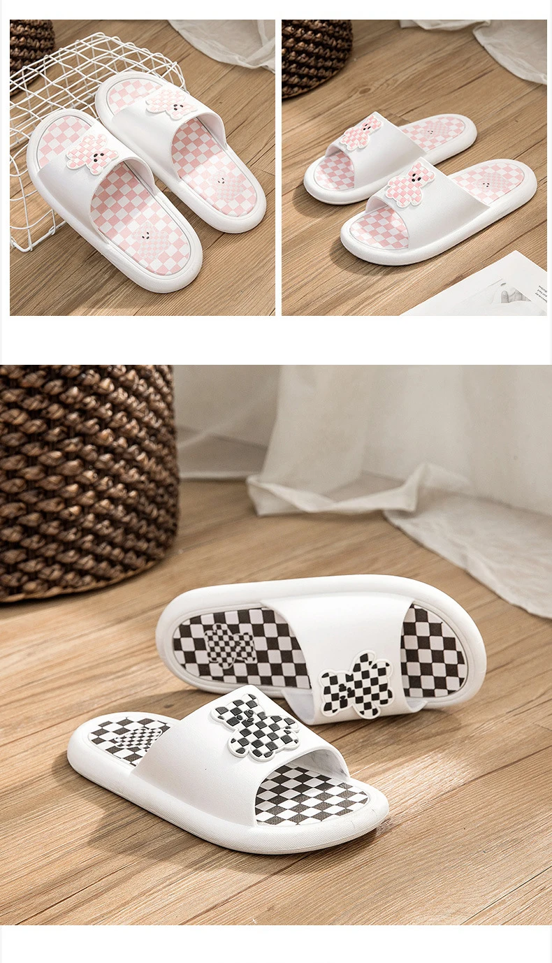 New Chess Plaid Bear Couple Slippers Outdoor Indoor Non-slip Soft Sole Girl Slippers Men