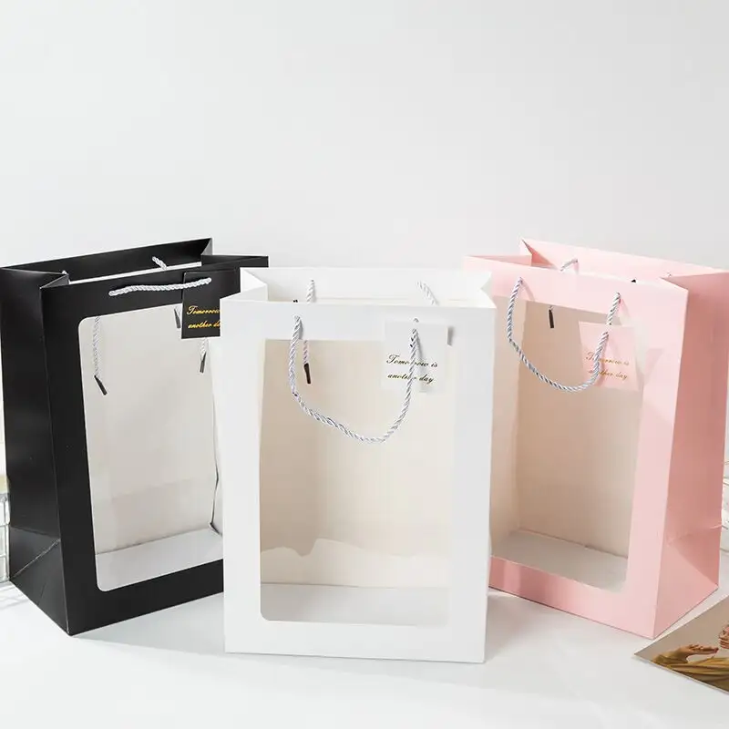 Sac cadeau transparent avec fenêtre rose Transparent Bouquet sacs-cadeaux avec poignée pour la fête des festivals de douche nuptiale