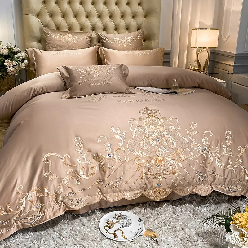 Set di 4 pezzi in puro cotone europeo al 120 di biancheria da letto con copripiumino da sposa ricamato di alta qualità e lussuoso