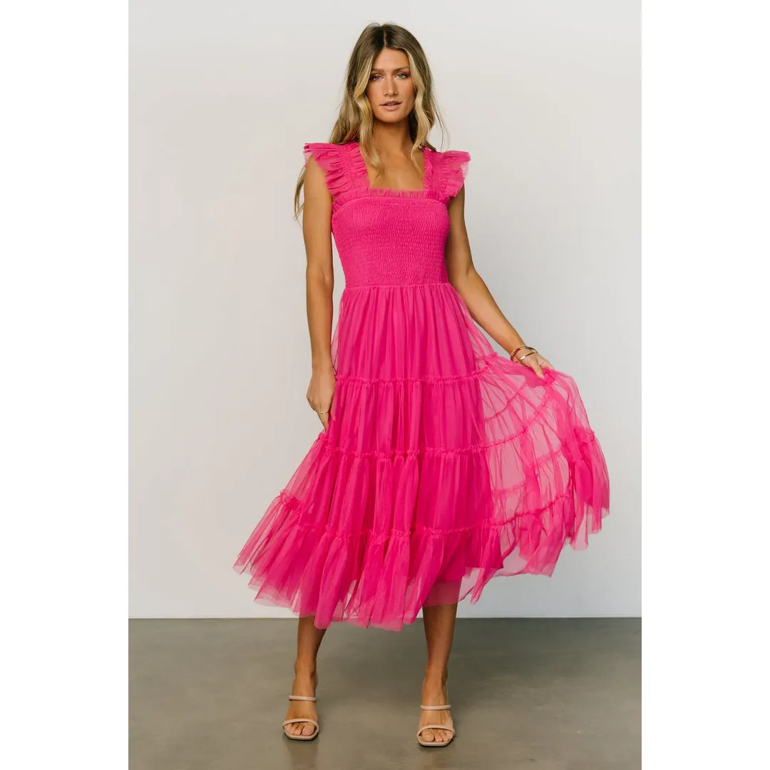 Toptan Oem özelleştirilmiş yaz Smocking yarasa kollu kare boyun rahat Maxi tül elbise lüks tasarımcı kıyafetleri kadınlar için