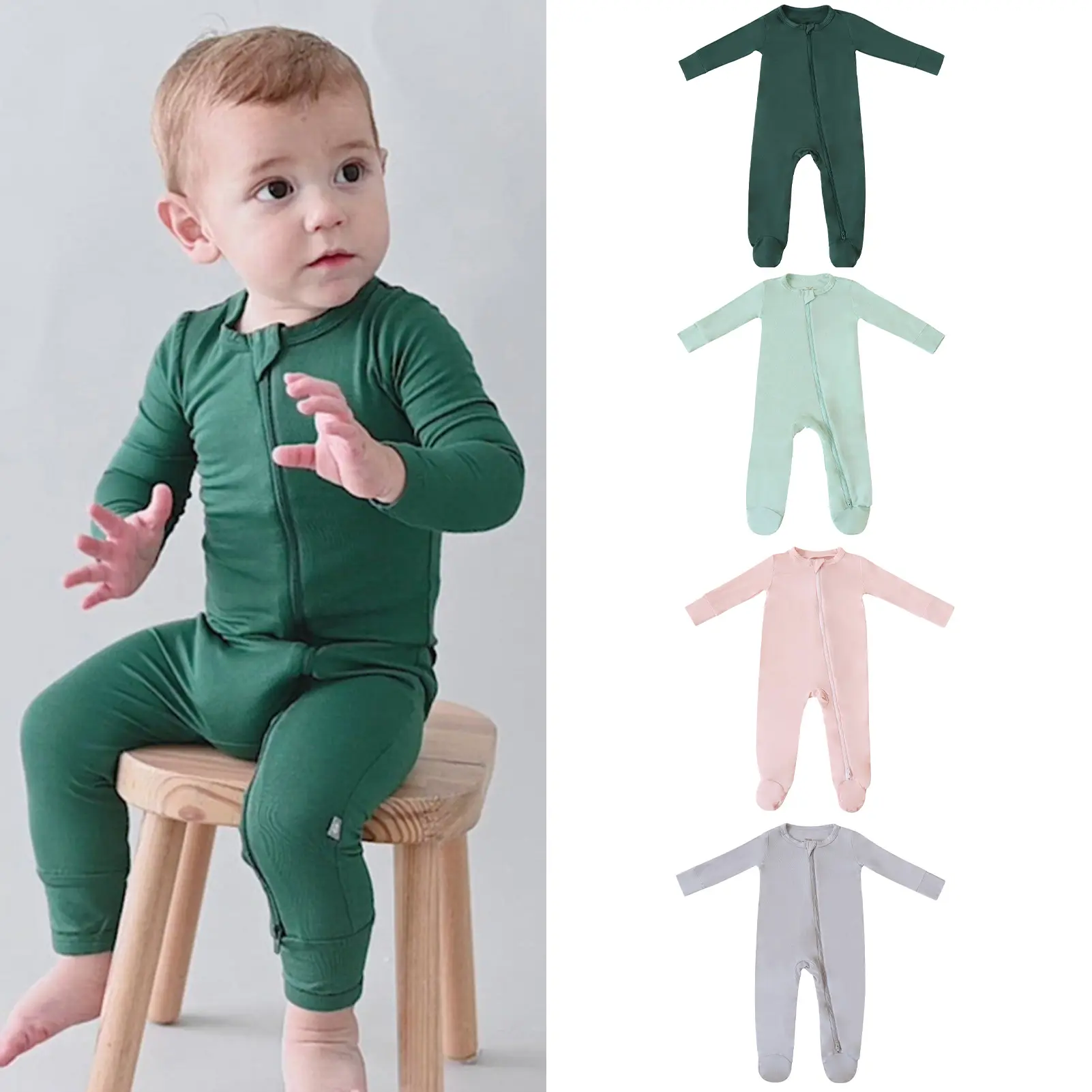 All'ingrosso su misura per neonati vestiti per bambini in tessuto naturale 95% 5% di bambù Spandex maniche lunghe Footie cerniera pigiama bambino