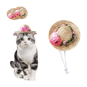 Katı pembe çiçek yaz Pet hasır şapka Mini kubbe kedi Pet aksesuar köpekler için kişiselleştirilmiş cadılar bayramı buğday samanı yapılmış - Product Image 3