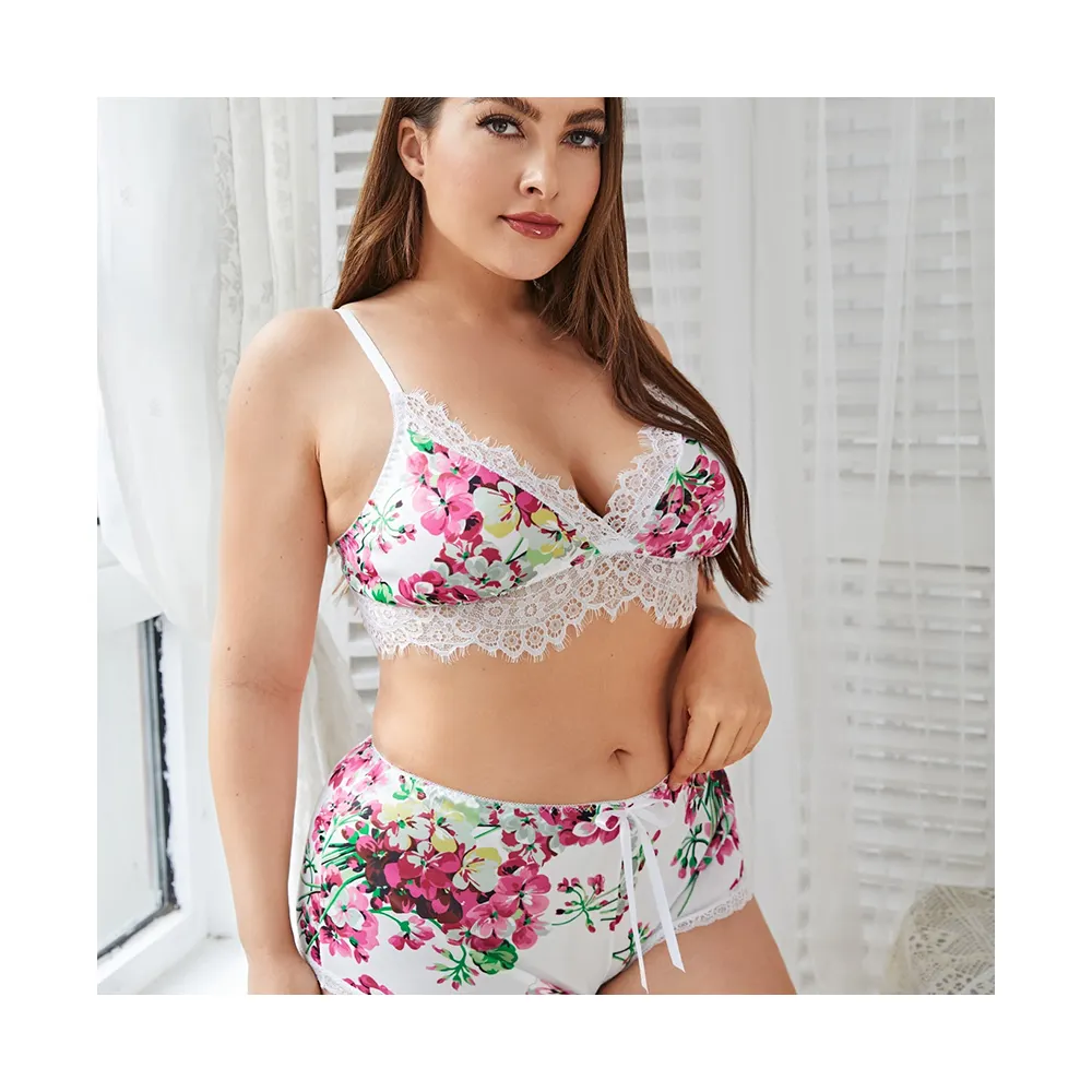 Ropa interior cómoda sin aros de talla grande para mujer, conjunto de sujetador y bragas transpirables con patrón Floral, ropa interior Sexy de encaje para mujer