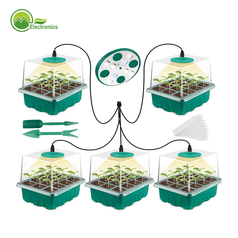 Bandeja de semillero de plástico con temporizador y atenuador, kit de iniciación de semillas de 12 celdas, 8 LED, venta al por mayor de fábrica