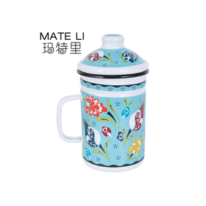 600ml Customized Logo Decal Printing Enamel Vintage Coffee Teacup Enamel Camping Mug <strong>Cup</strong> with Filter - Product Image 1