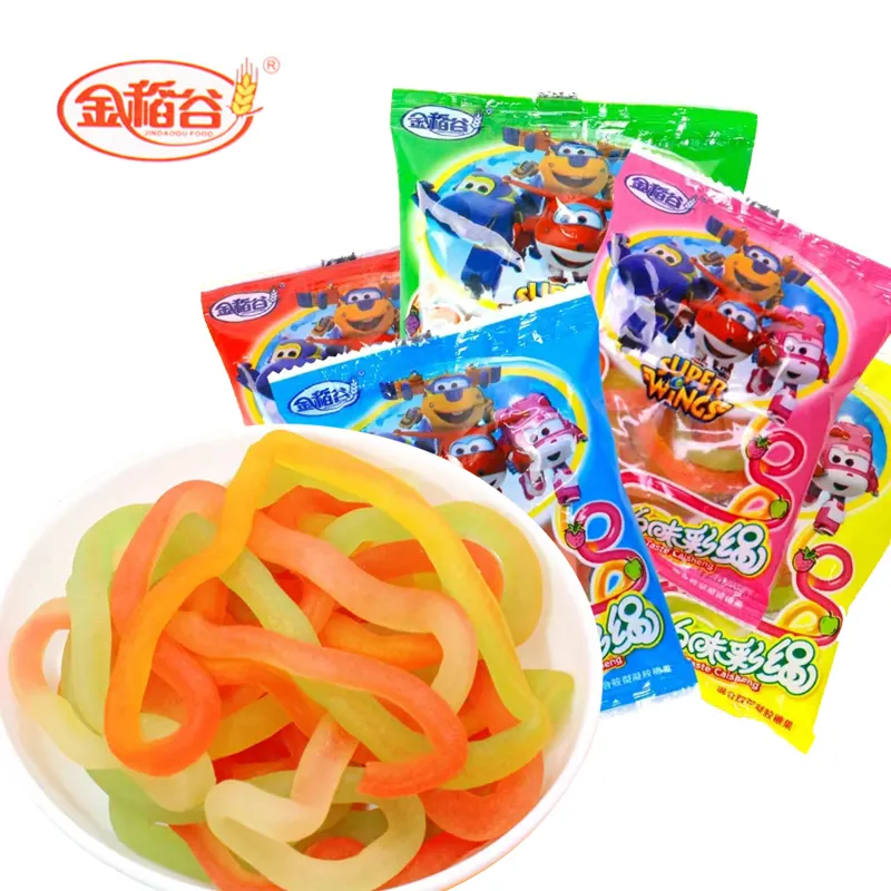 Wholesale Chinese snacks fruit gummy colorful mixed fruit candy 23g bagged gummy noodles sweets sour healthy exotic bulk candy