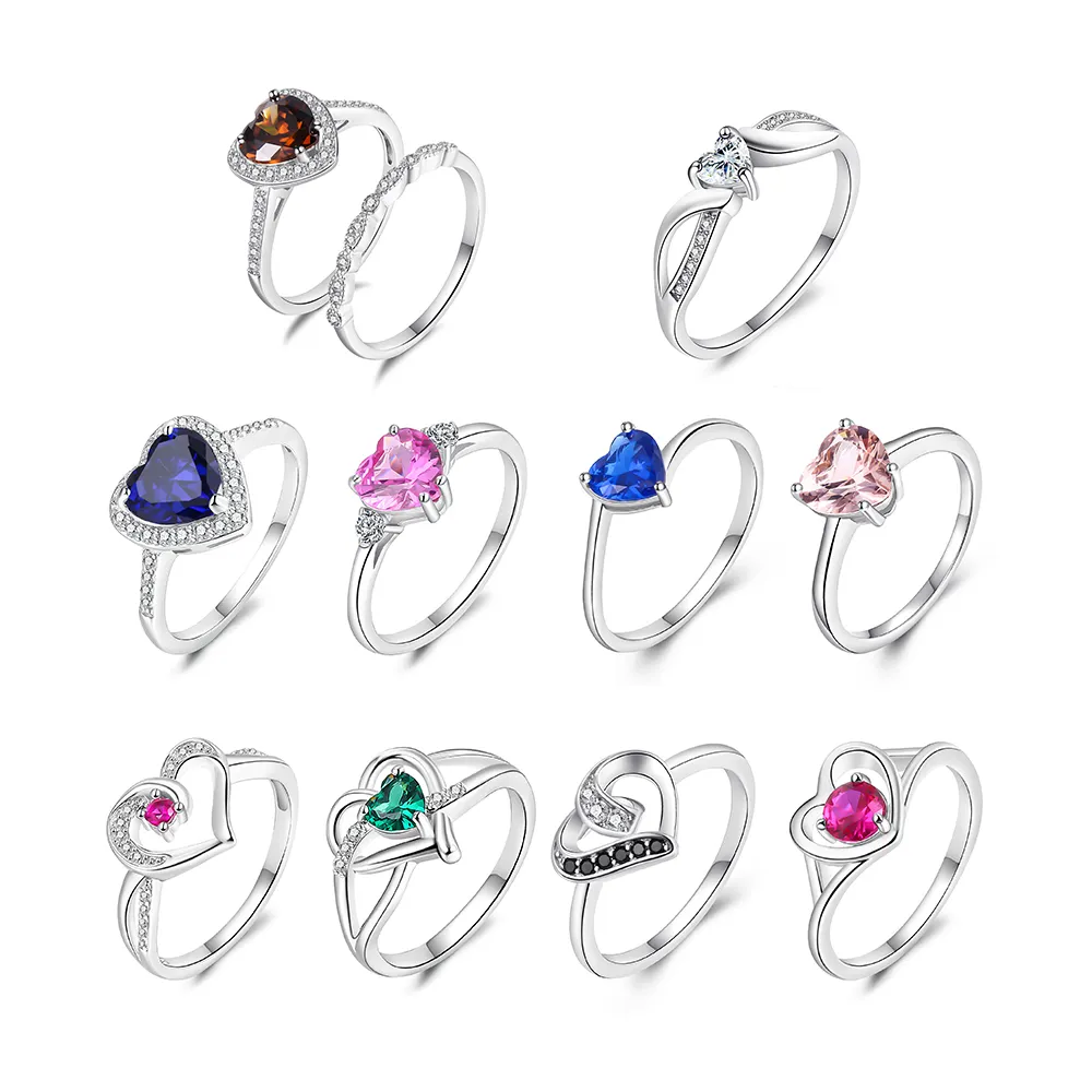 Custom Engagement Wedding 925 Sterling Silver Pink Morganite Zircon Heart Halo Rings Dainty Love Girl Crystal Amethyst Ring Set