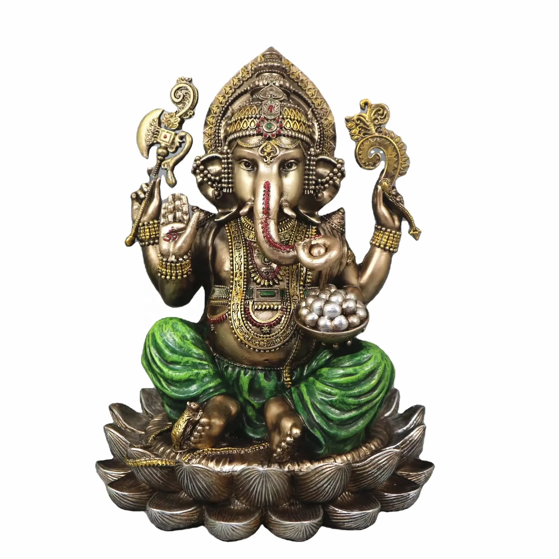 Senhor Ganesha Sentado na Lótus Deus Hindu Estátua de Resina com Acabamento em Bronze Antigo Estátuas de Elefante Deus do Sucesso Buda