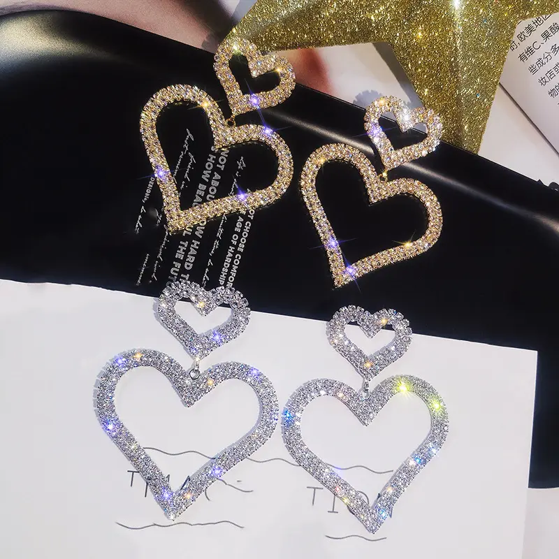 Pendientes de plata de ley 925 con corazón de diamante para mujer, joyería de moda, aretes de corazón colgantes dobles