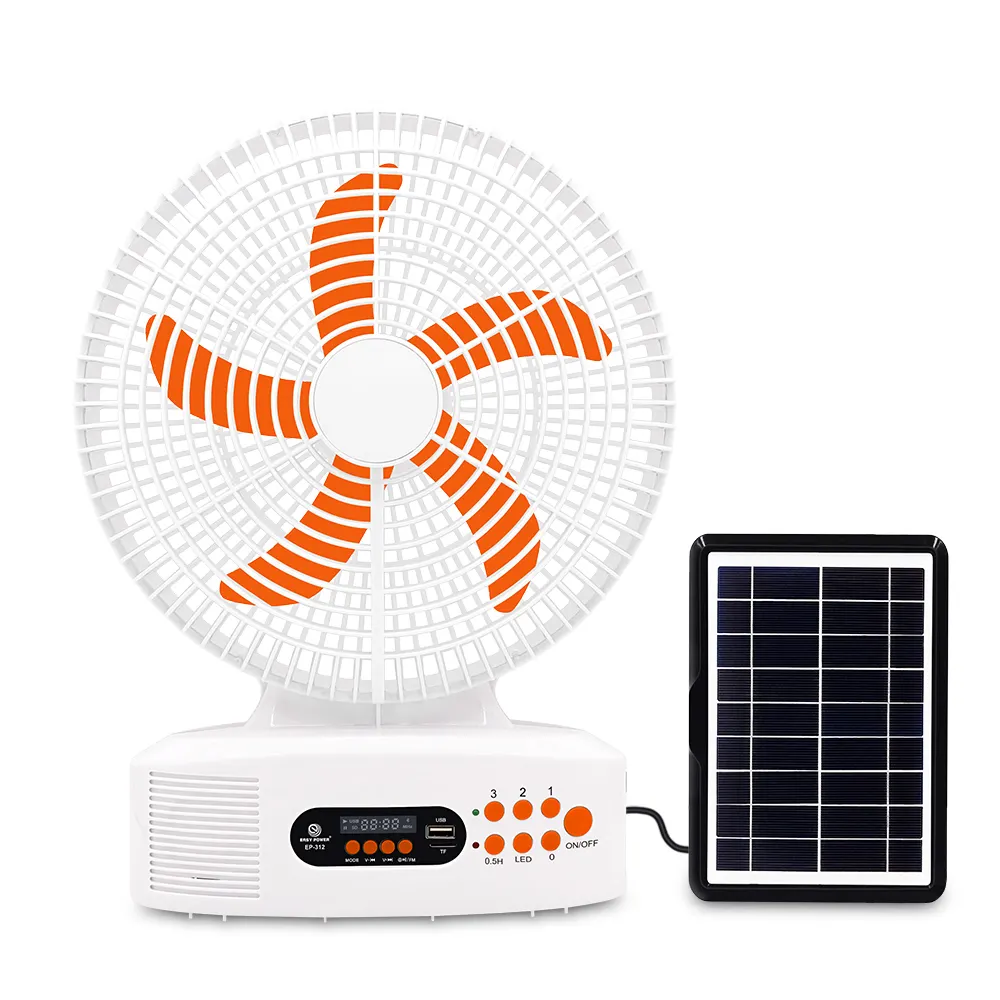 Wholesale12インチDC AC充電式ファン、ソーラーパネルとLED電球付きホームソーラーテーブルファン