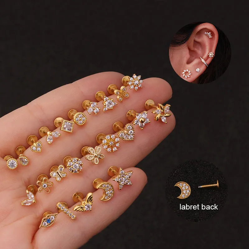 Piercing de oreja de acero inoxidable chapado en oro para mujer, joyería Cz, juego de pendientes de tornillo, pendiente de tuerca de espalda plana para mujer