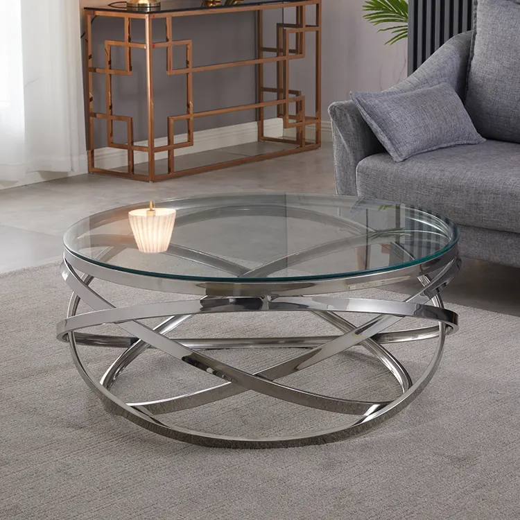 Mesa de café moderna, aço inoxidável de vidro para sala de estar, móveis de ouro ou prata