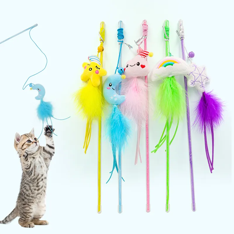 Colorful smooth feather skin friendly plush elastic rope cat teaser stick with crisp bells