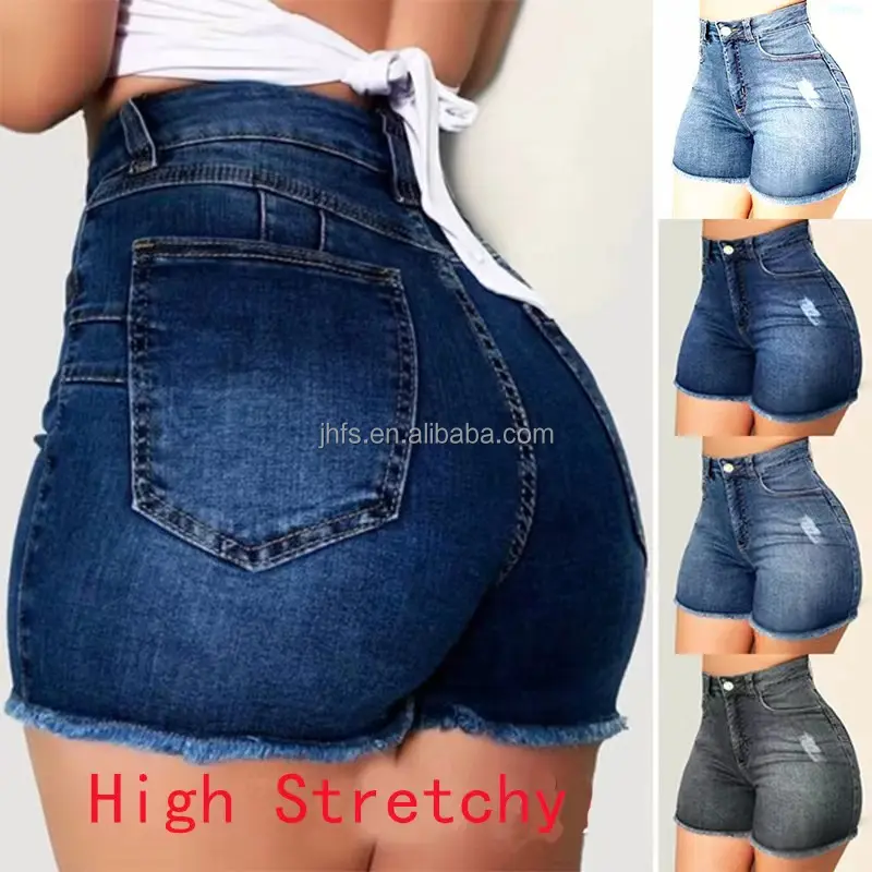 Sj & H — short en jean taille haute pour femme, culotte taille haute, extensible, slim, sexy, bleu, denim, style décontracté, été