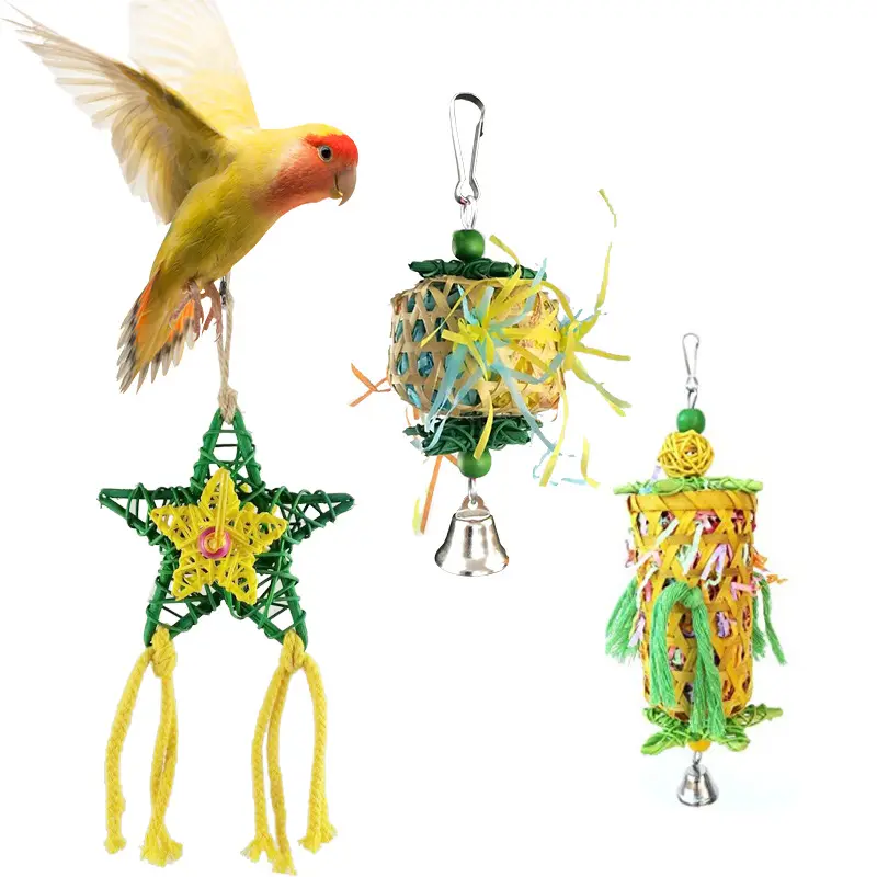 Mainan Kunyah Ayunan Burung Bayan, Mainan Kandang Burung Bel Gantung Kayu Alami