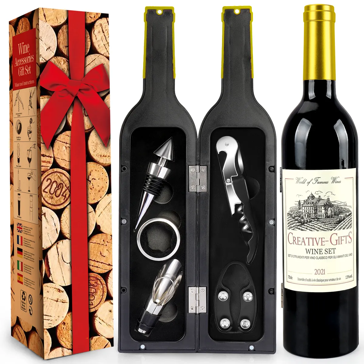 Hot Sale Flasche geformt 5 Stück Wein zubehör Geschenkset Wein öffner Weins topper Korkenzieher Set