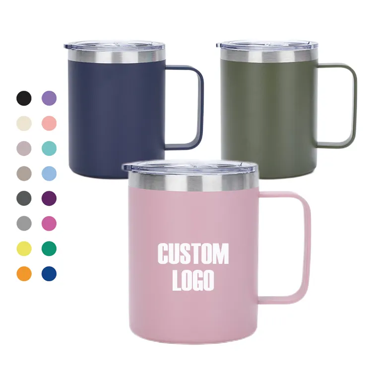 Personalisiert12oz 14 oz 16oz Pulver beschichtete isolierte Tasse Edelstahl Kaffeetassen Griff Doppelwandige Vakuum becher mit Deckel