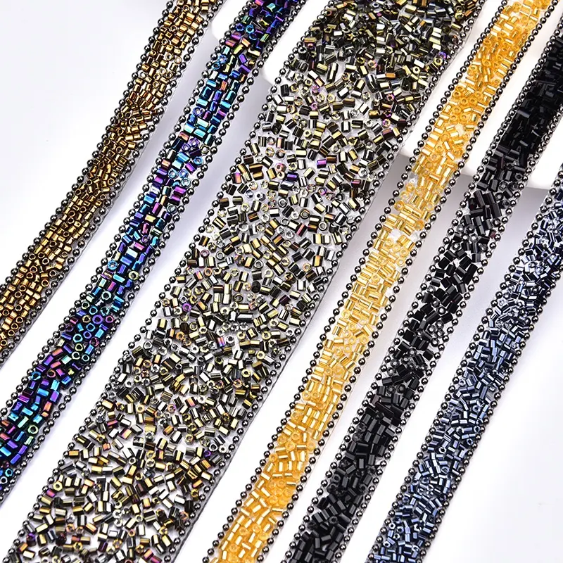 Perles de Tube colorées Strass chaîne en métal longue bande garniture fer sur Strass bande pour vêtements ceinture chaussures robe de mariée bricolage