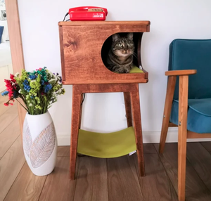 Sang Trọng Tùy Chỉnh 2 Trong 1 Bằng Gỗ Đồ Nội Thất Vật Nuôi Cuối Bảng Mèo Nhà Rustical Hộp Sồi Tối Mèo Nhà Với Võng - Product Image 2