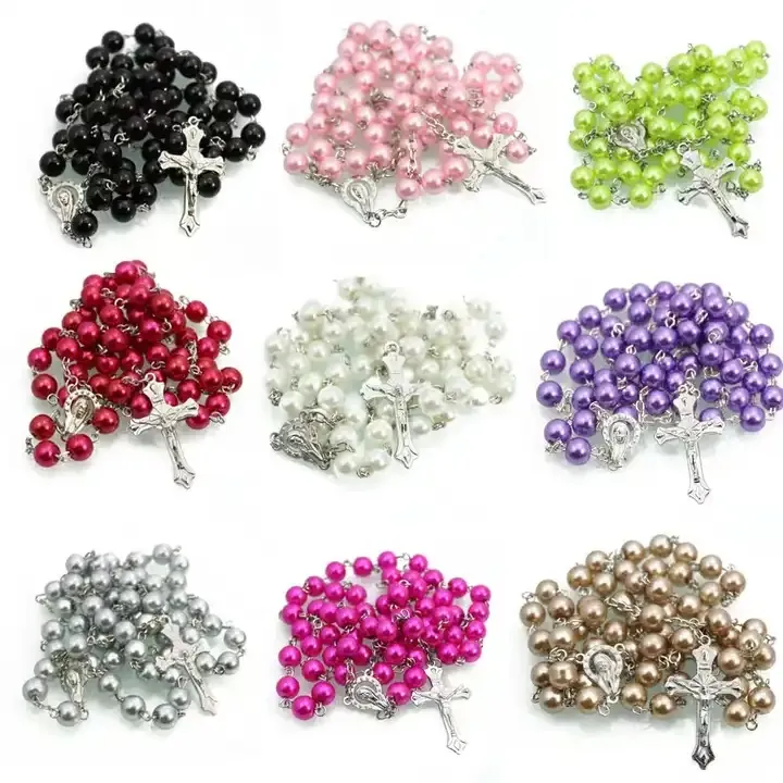 China Factory Catholic Rosary Beads Packs 8mm Glass Pearl Beads Catholic Rosary Cross Pendant Necklace