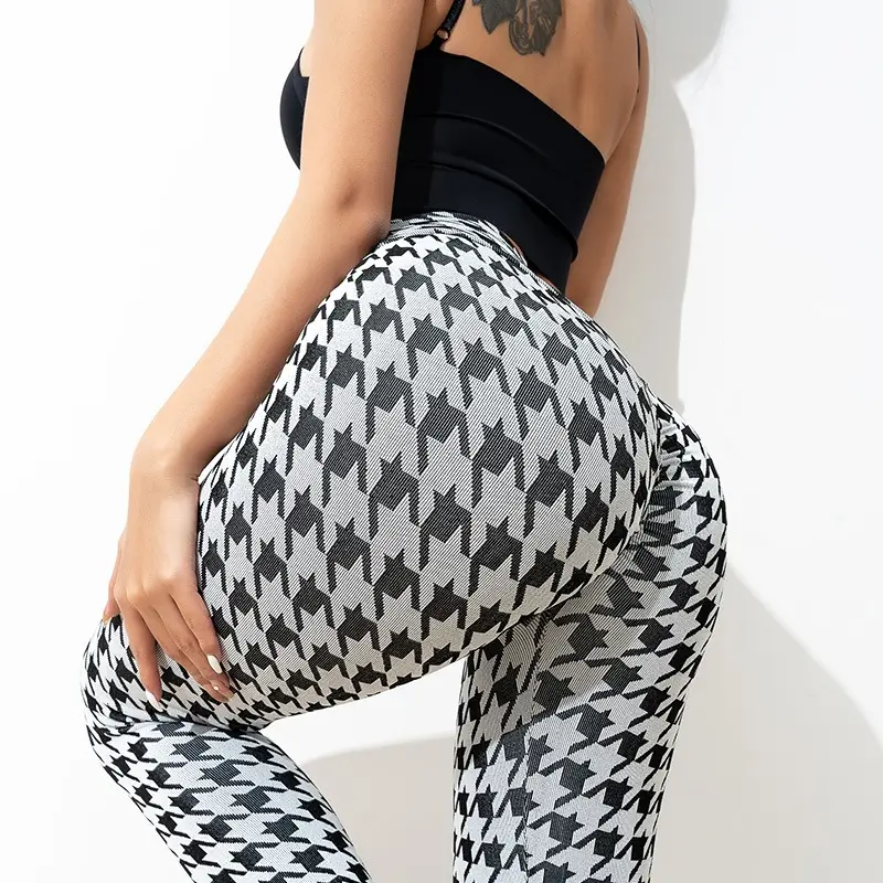 Pantalones elásticos de cintura alta para mujer, pantalón de yoga con entramado blanco y negro, cintura alta, para correr y fitness