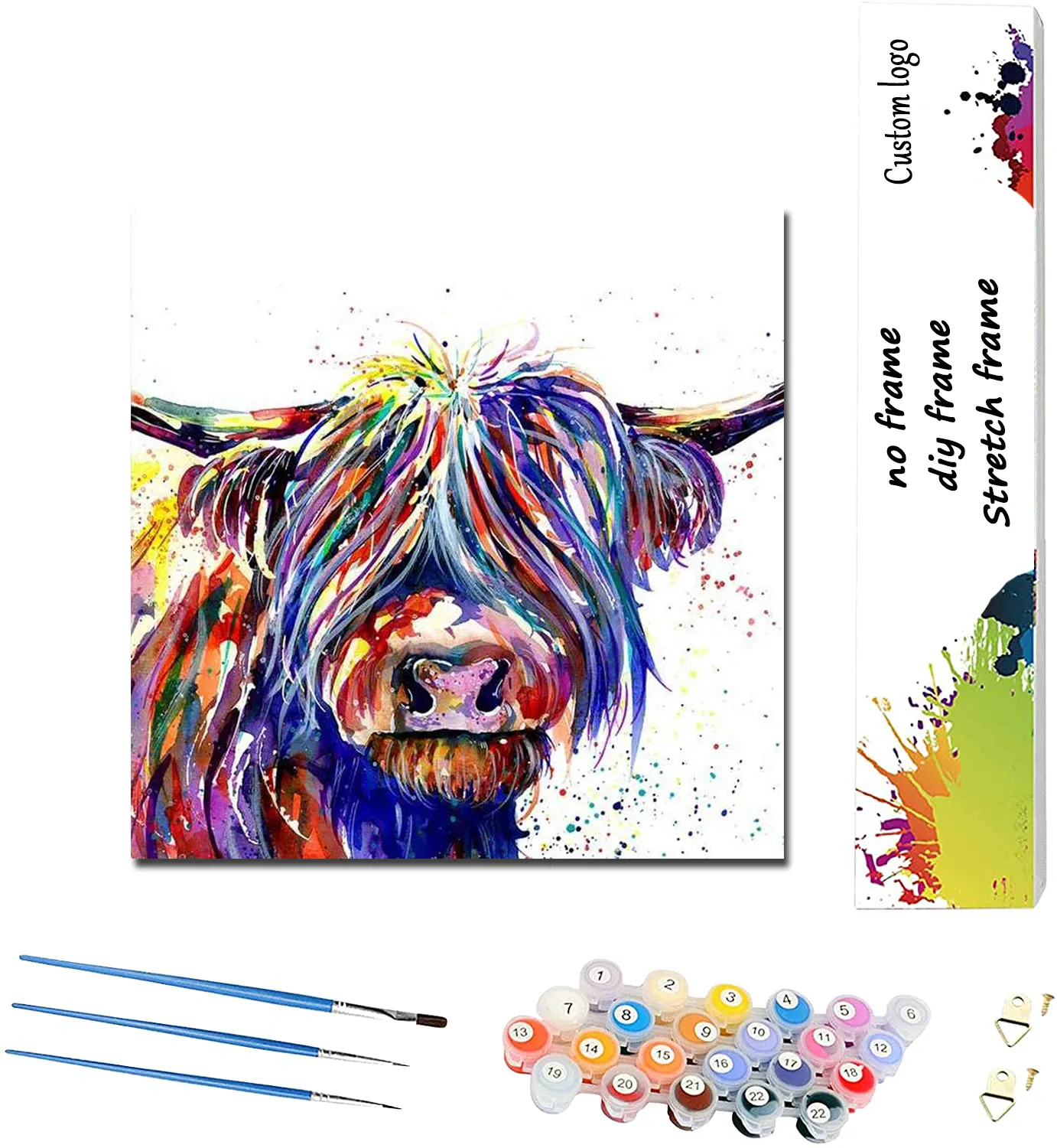 11.8x11.8 pouces enfants et adultes bricolage débutant coloré Highland vache Animal toile peinture par numéros vache peint à la main kits de peinture