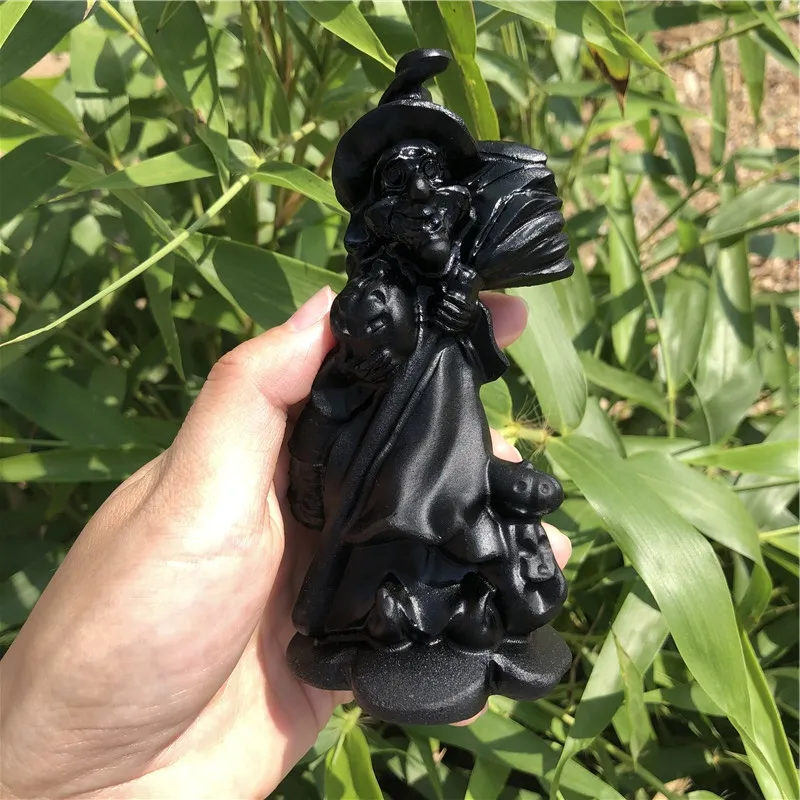 Nizza intagliato a mano naturale sculture di cristallo strega strega con la scopa ossidiana nera per la decorazione