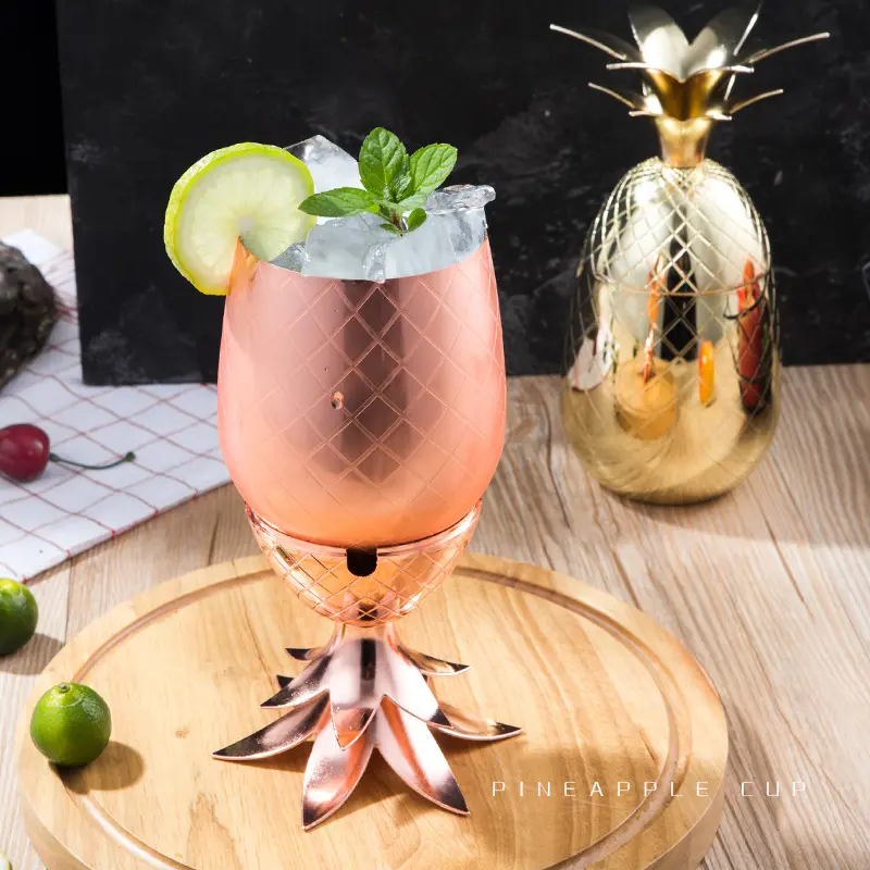 stainless steel rose gold bar cocktail wine tumbler mug pineapple cup with straw