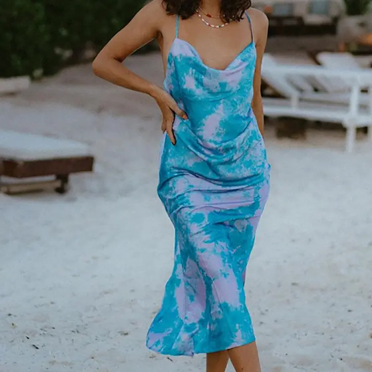 KHH21239-vestido largo estampado para mujer, ropa Sexy sin mangas para fiesta en la playa, vestido informal elegante de verano