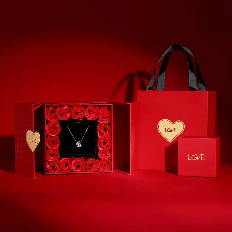 DOLA קופסת מתנה ליום האהבה יוקרה אדומה כפולה פתוחה קופסת תכשיטים רומנטית ורד ספוט קופסת שרשרת טבעת