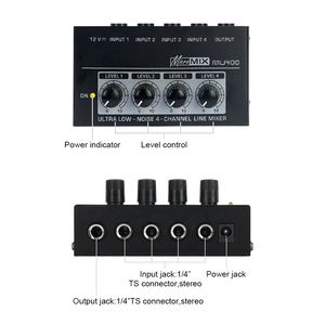 Audio Mixer <strong>Line</strong> Mixer Low-Noise 4 Channel for Sub-Mixing with AC Adapter Use for Microphone Guitar Bass Keyboards Instruments - Product Image 1