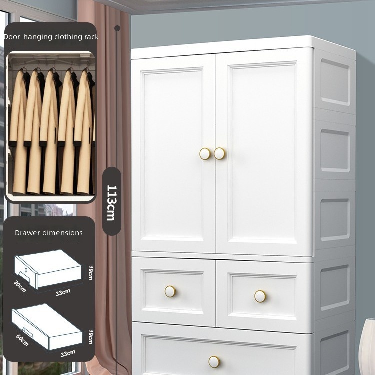 65cm wide hanging wardrobe with drawers-3 tiers-white