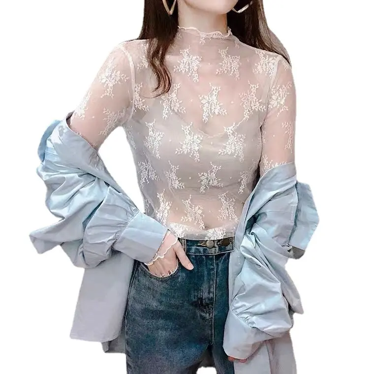 여름 새로운 여성 자외선 차단제 이너 웨어 쉬폰 메쉬 셔츠 얇은 셔츠 나비 관점 메쉬 하프 하이 탑 메쉬 바닥 셔츠