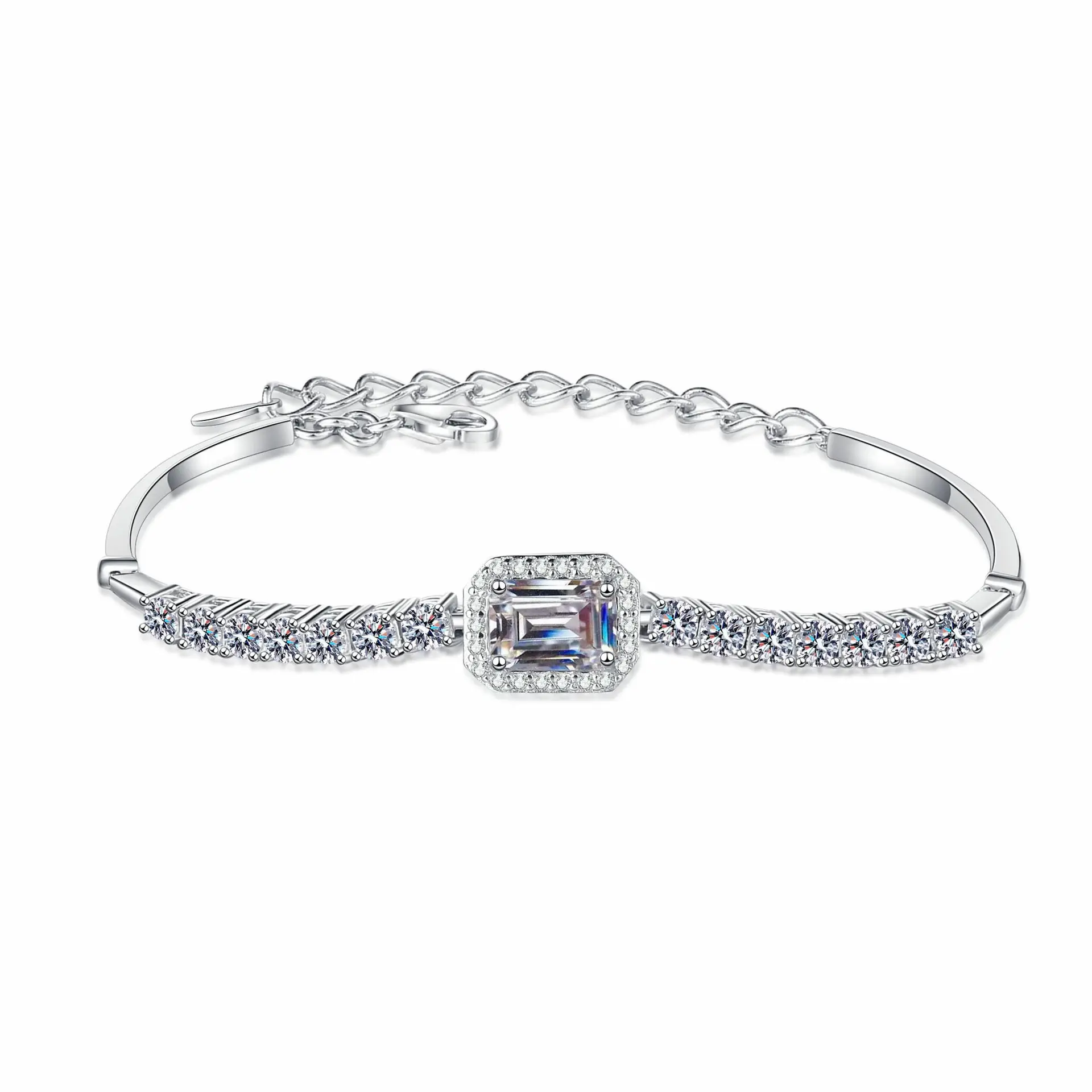 Pulsera de fiesta de compromiso clásica S925 plata esterlina con VVS 1ct moissanita azul corte esmeralda diamante joyería fina para mujer